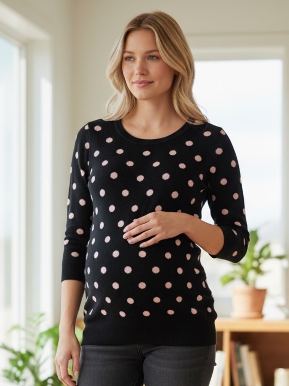 Motherhood Maternity Pink and Blue Polka Dot Knit Top